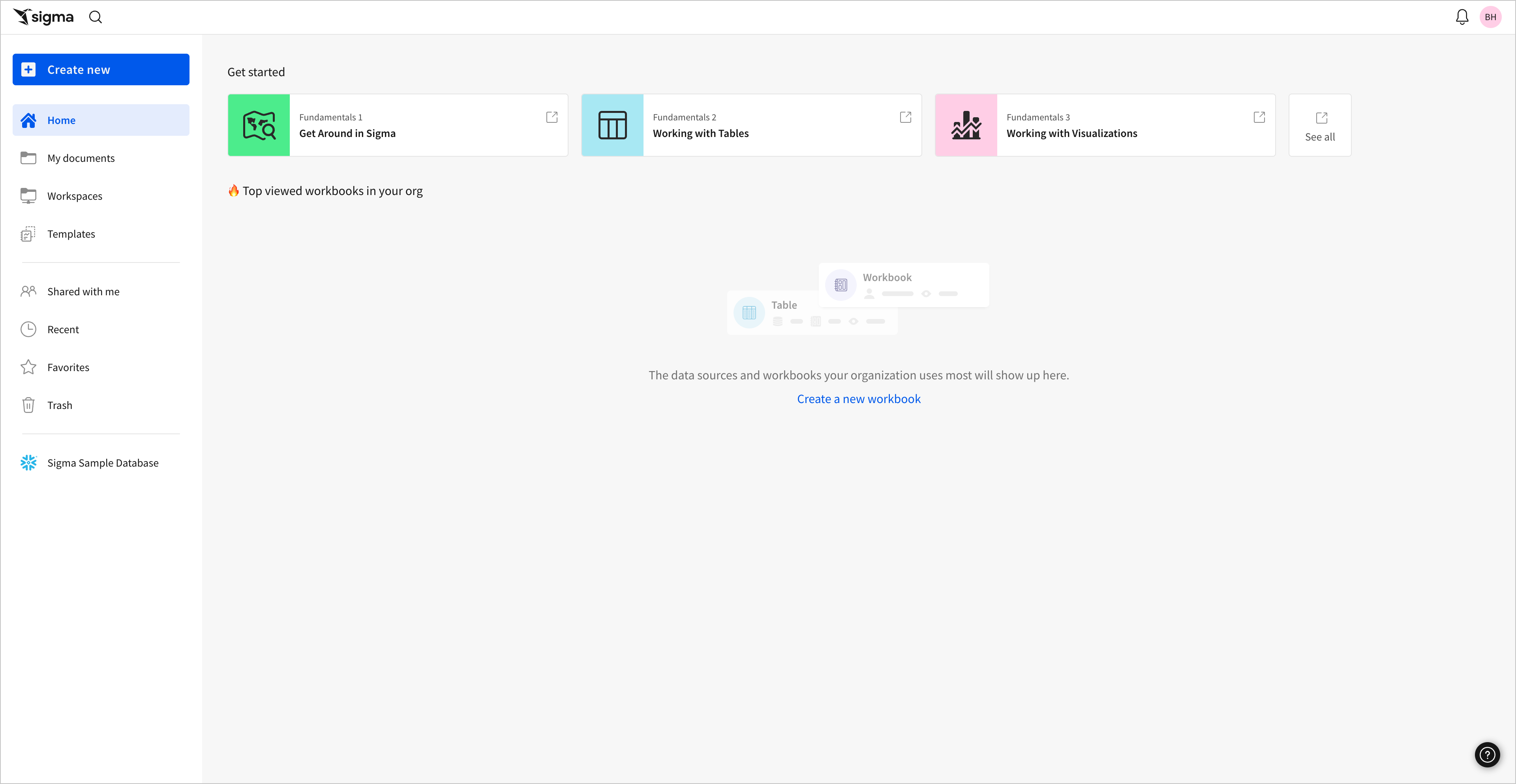 The Sigma home page. The left-hand navigation menu shows options for creating documents.
