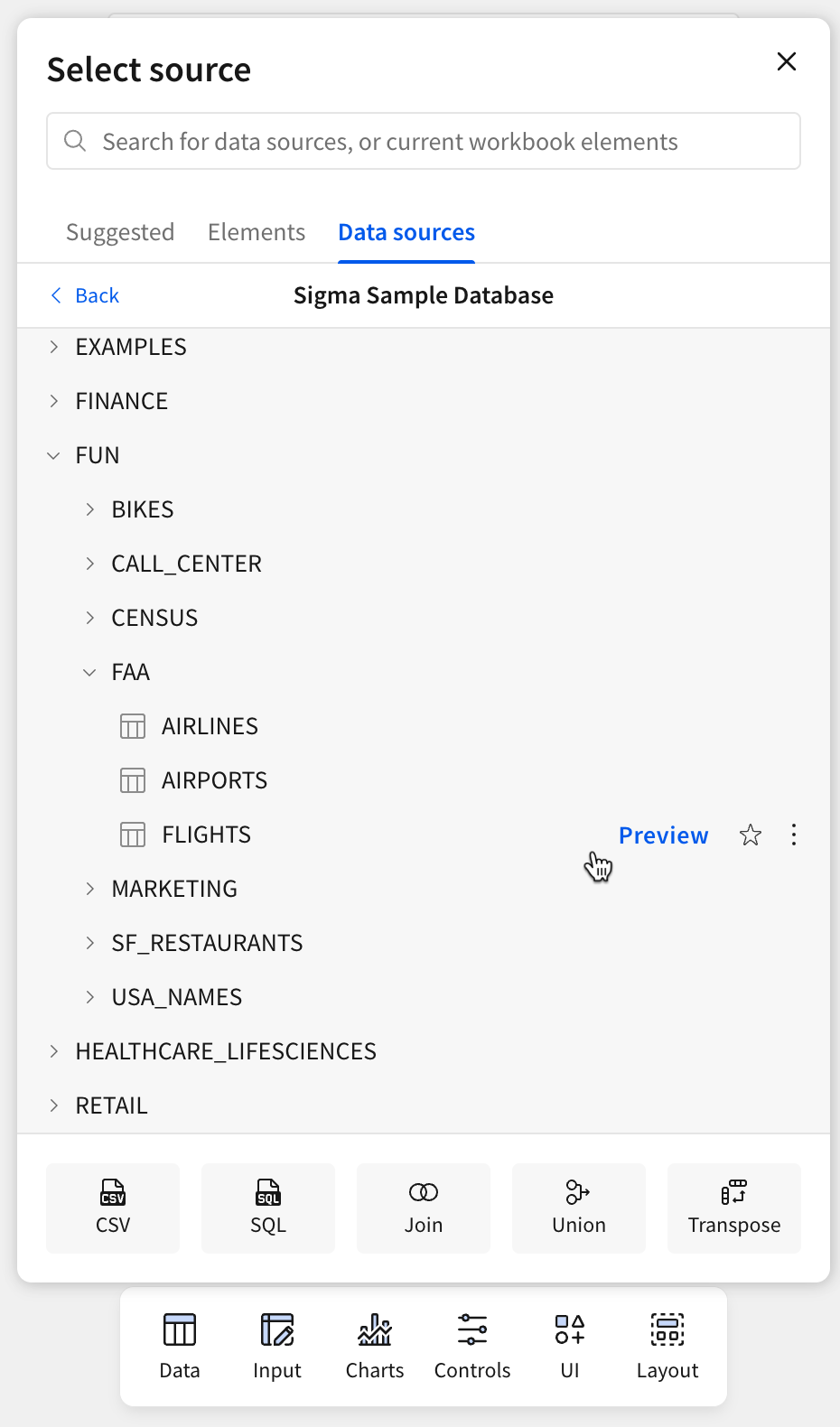 In the select source modal, a user hovers over the option to add the FLIGHTS table from the FAA schema