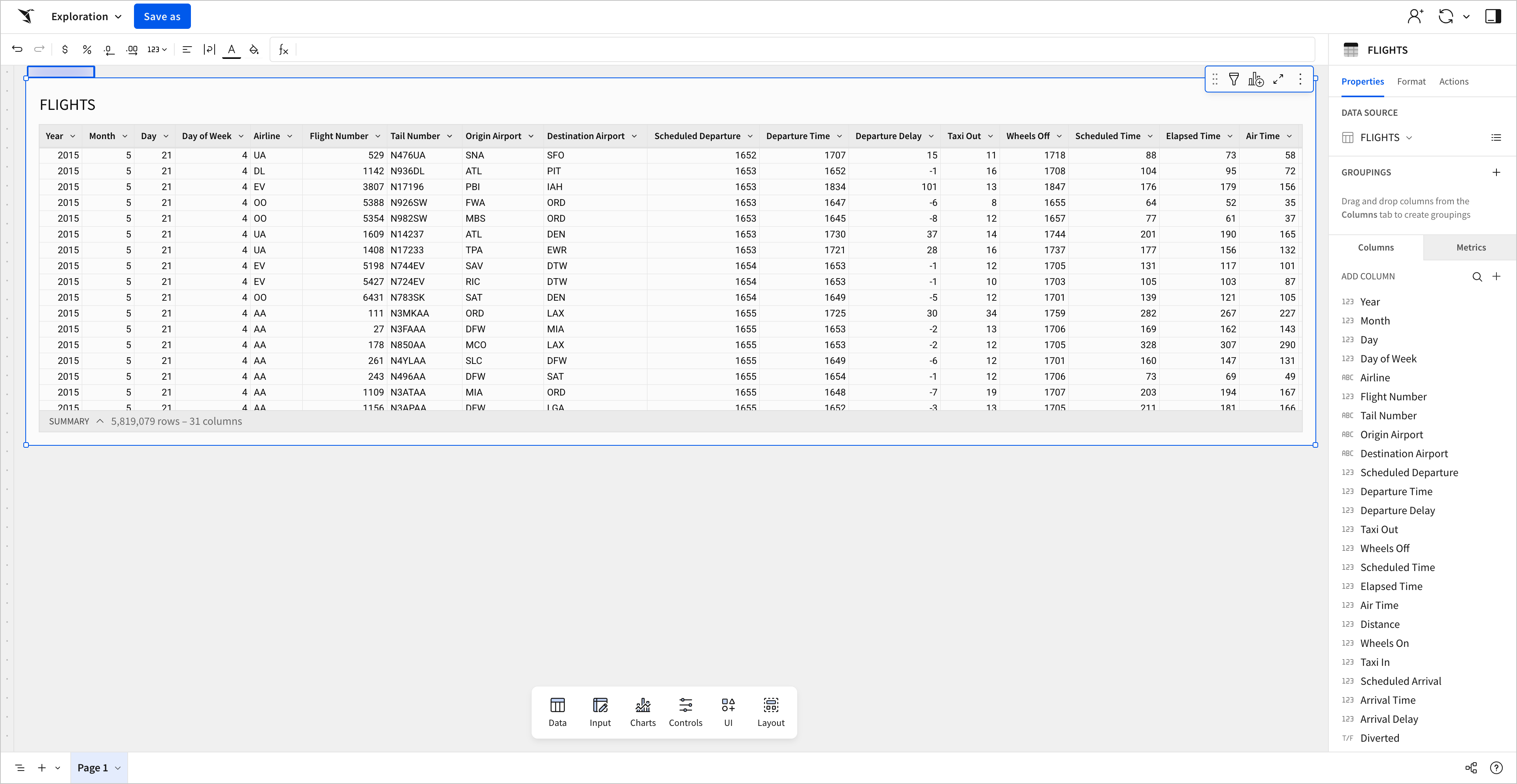 On the workbook page, the FLIGHTS table appears