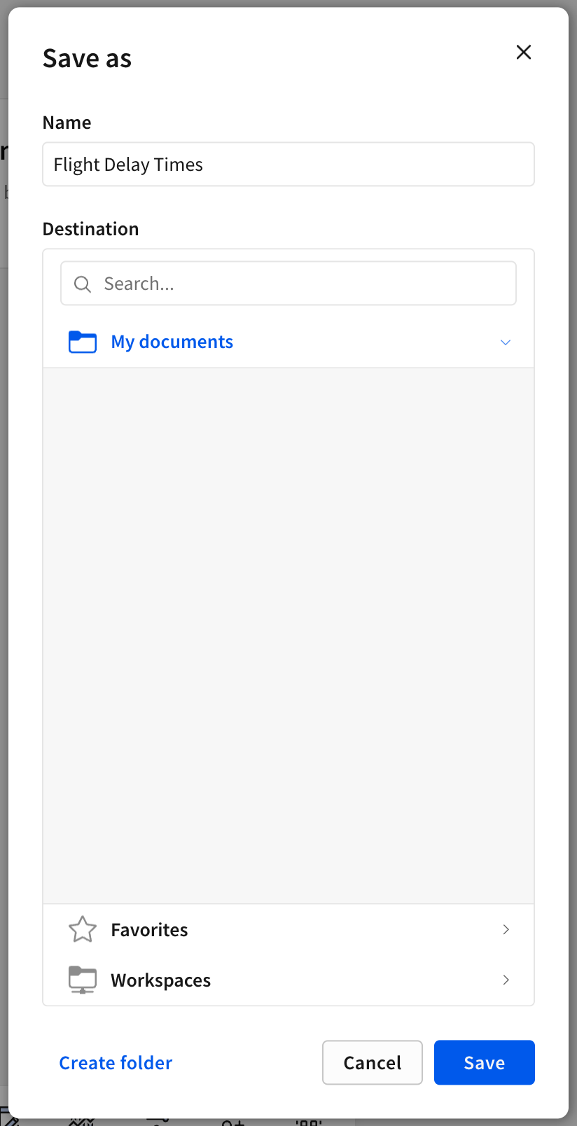 In the Save as modal, a user enters the name Flight Delay Times