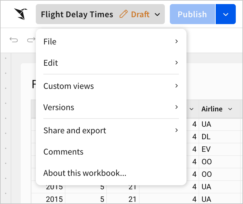 The workbook menu shows options for managing the file, as well as options for custom views, versions, and sharing