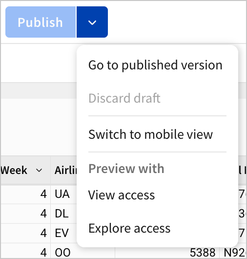 The dropdown menu next to the Publish button shows options for previews, including the Go to published version option