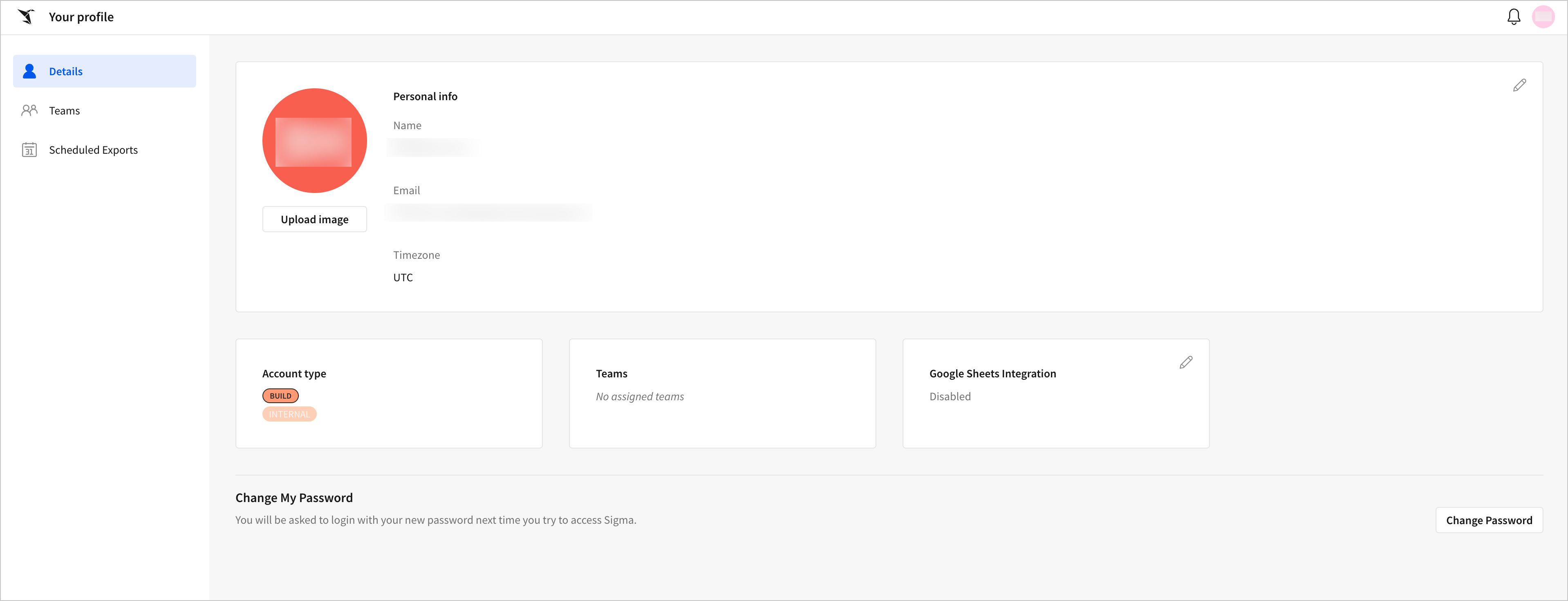 The profile menu shows personal info like name, email, and timezone, along with options for account type and teams