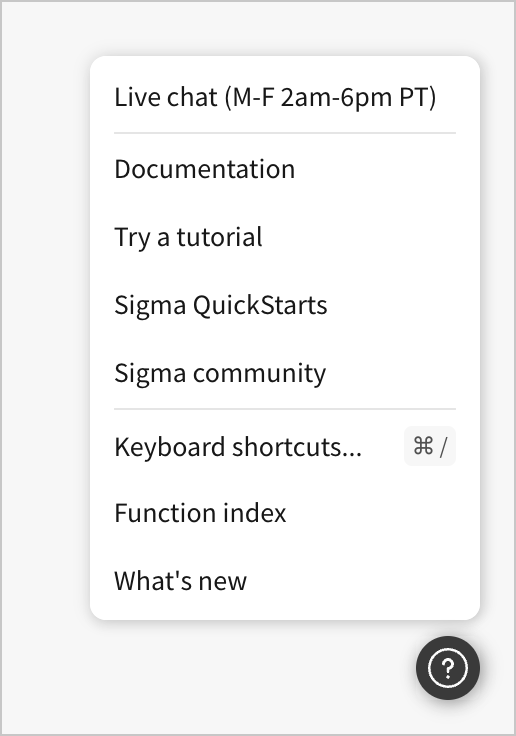 The help menu shows options for documentation and live support