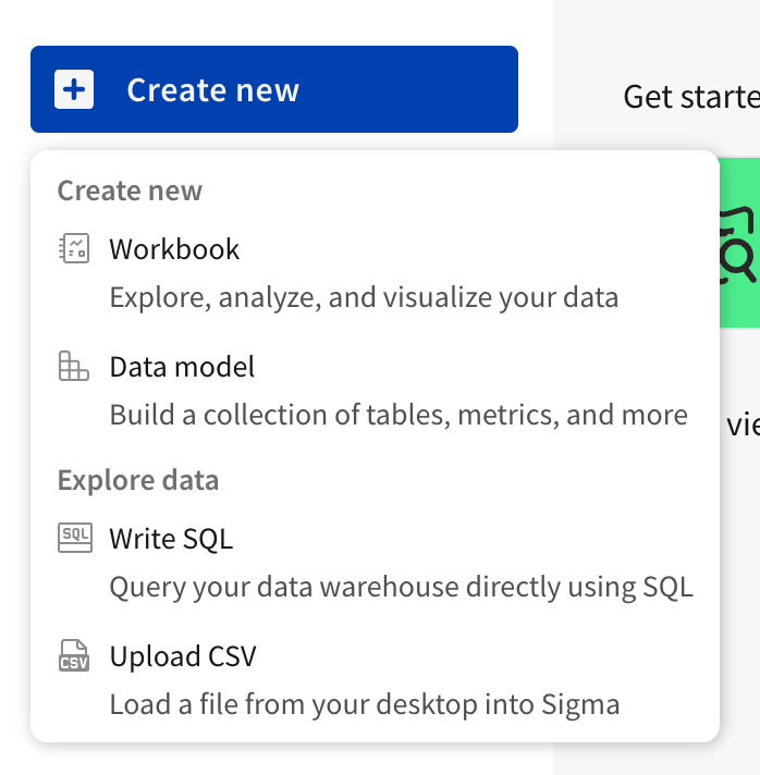 After selecting Create new, options Workbook and Data model appear for creating a new document