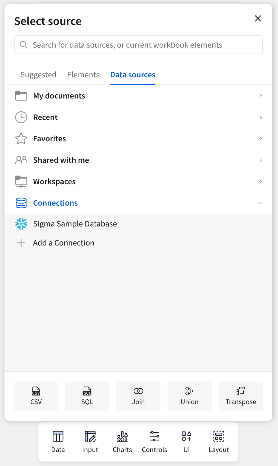 The select source modal shows options for data sources to add to the workbook. The connections section is open and shows the Sigma Sample Database