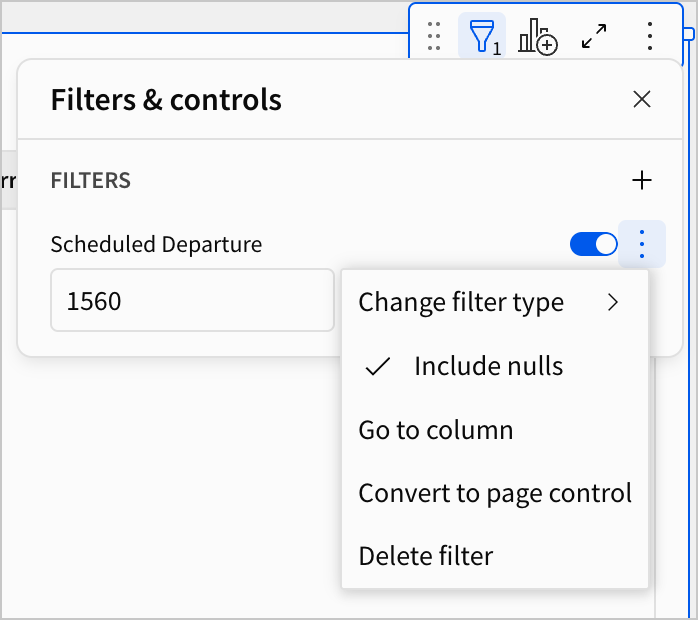 The options for the scheduled departure filter show options to delete the filter