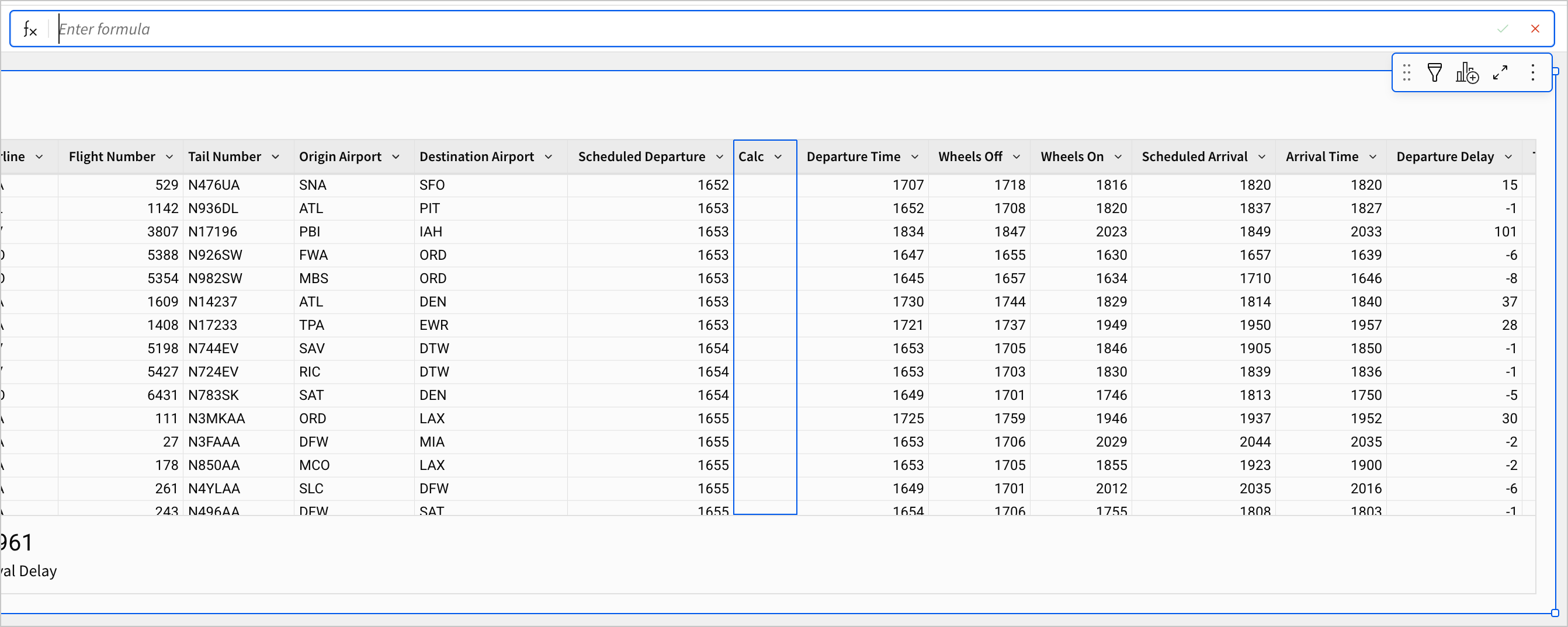 An empty column, Calc, is highlighted in the FLIGHTS table