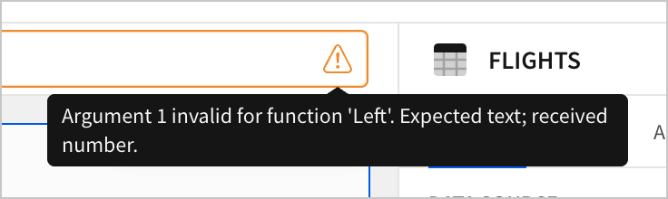 An error message in the formula bar shows that the function Left cannot receive a number as an argument