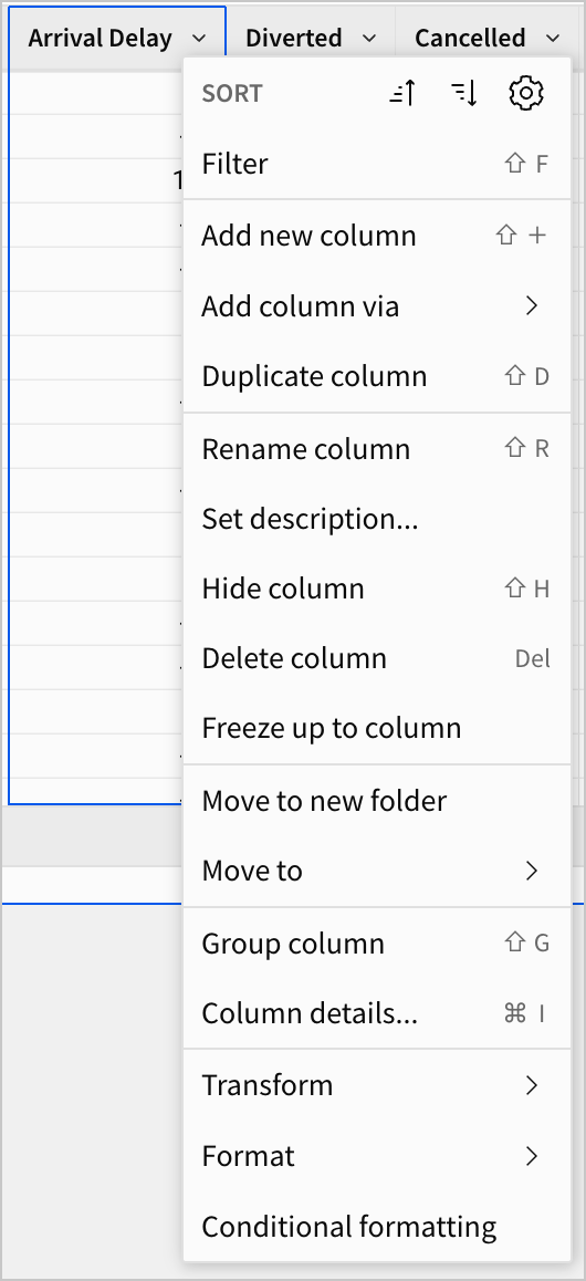 The column menu for the arrival delay menu shows options like sort, filter, add new column, hide column, and more.