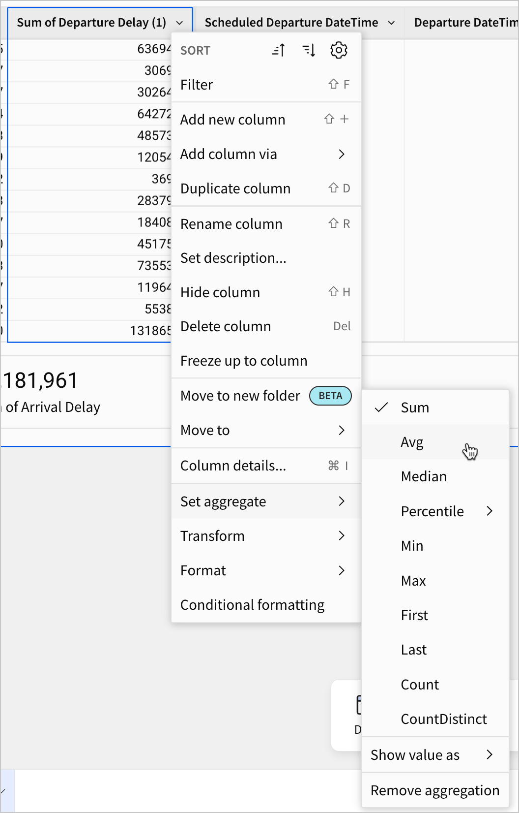 In the column menu for the second calculation, a user selects Avg from the set aggregate menu