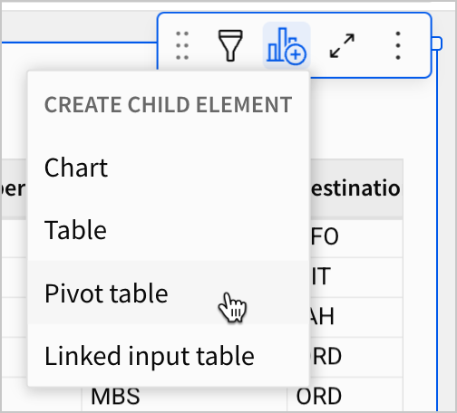 A user selects pivot table from the child element menu