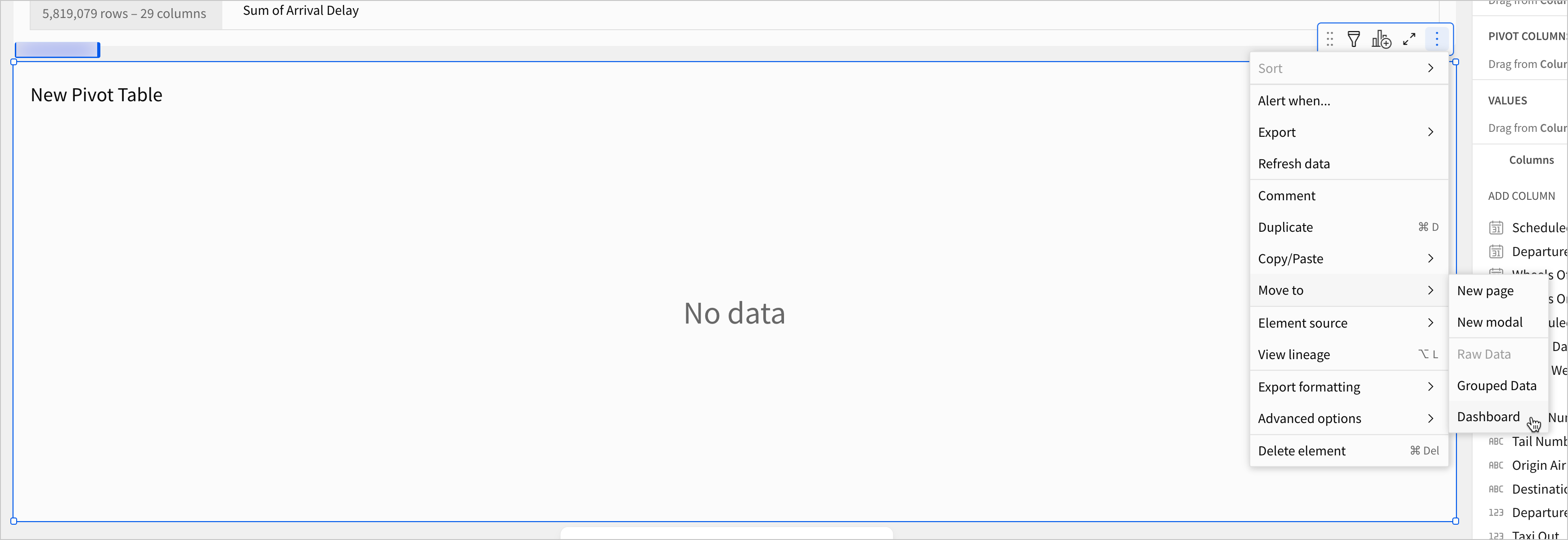 A user selects the Move to option for the New Pivot Table and moves it to the Dashboard page