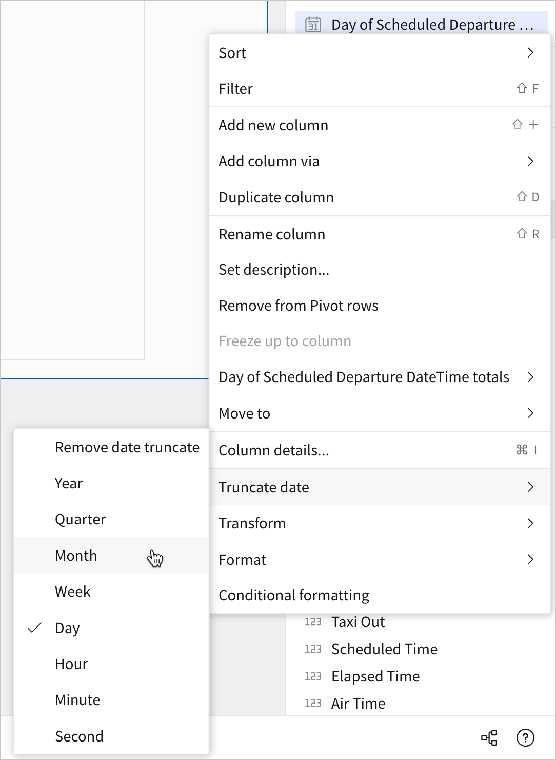 A user selects Date of Scheduled Departure Date, and then chooses Month from the Truncate date option
