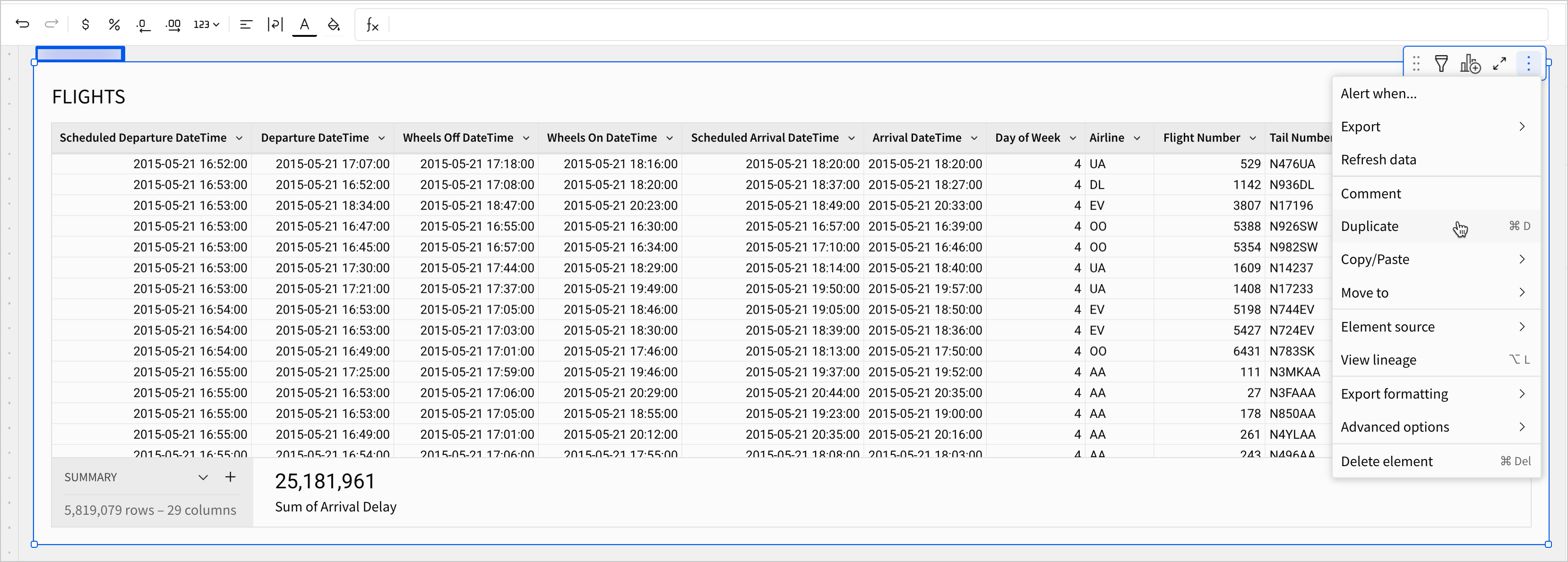 In the element menu for the FLIGHTS table, a user hovers over the Duplicate option