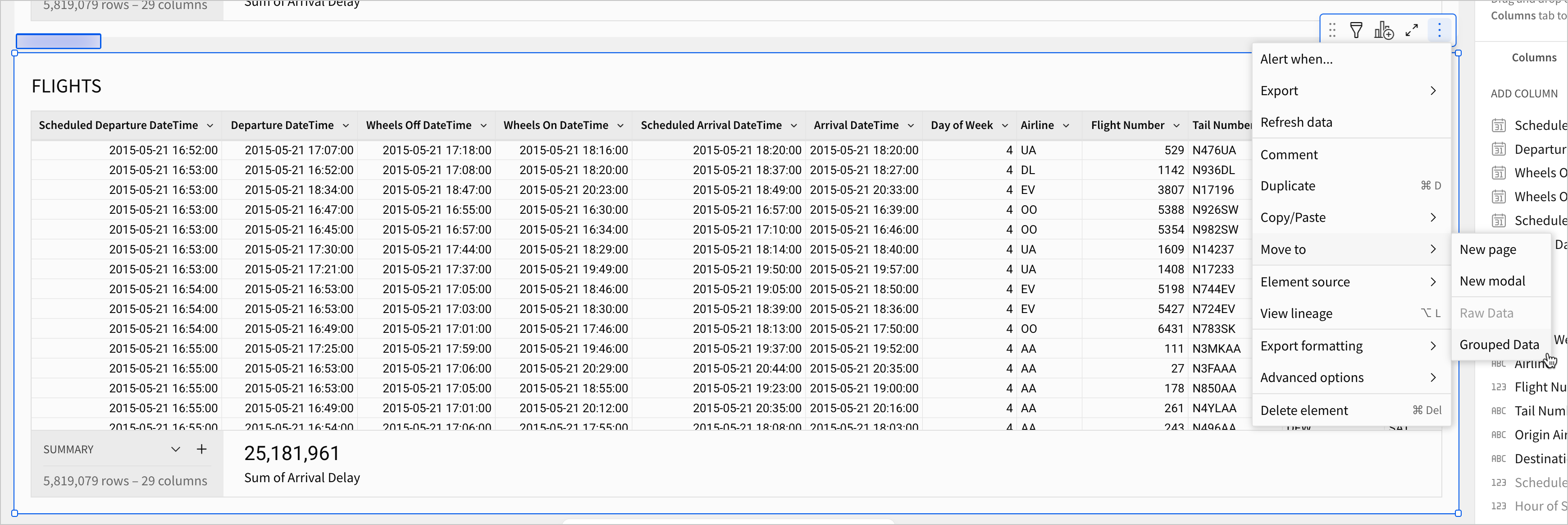 In the element menu for the duplicate FLIGHTS table, a user hovers over the  Move to option