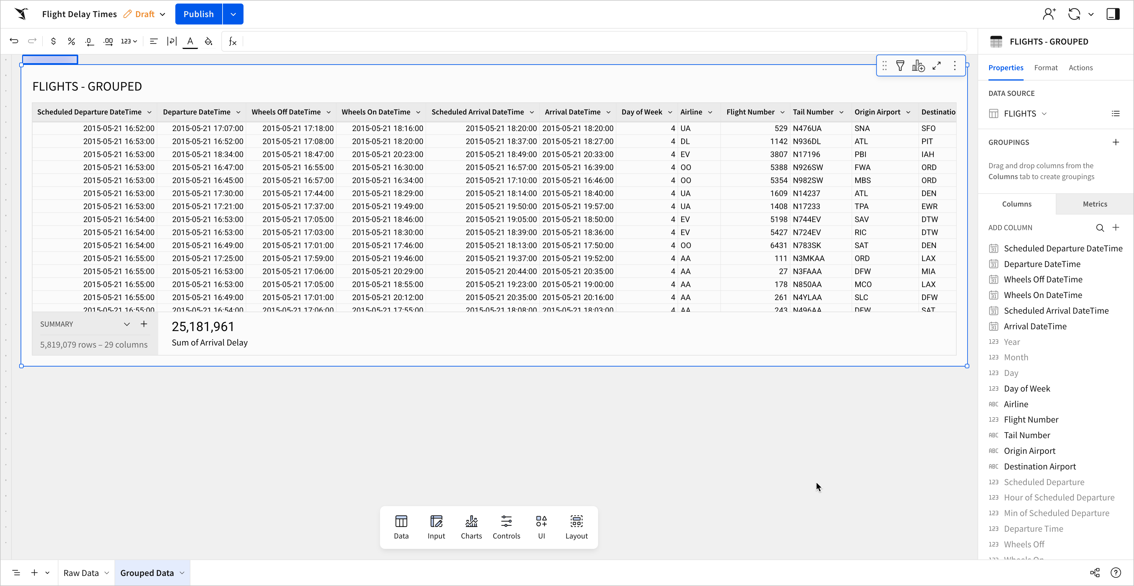 The FLIGHTS - GROUPED table on the new Grouped Data page