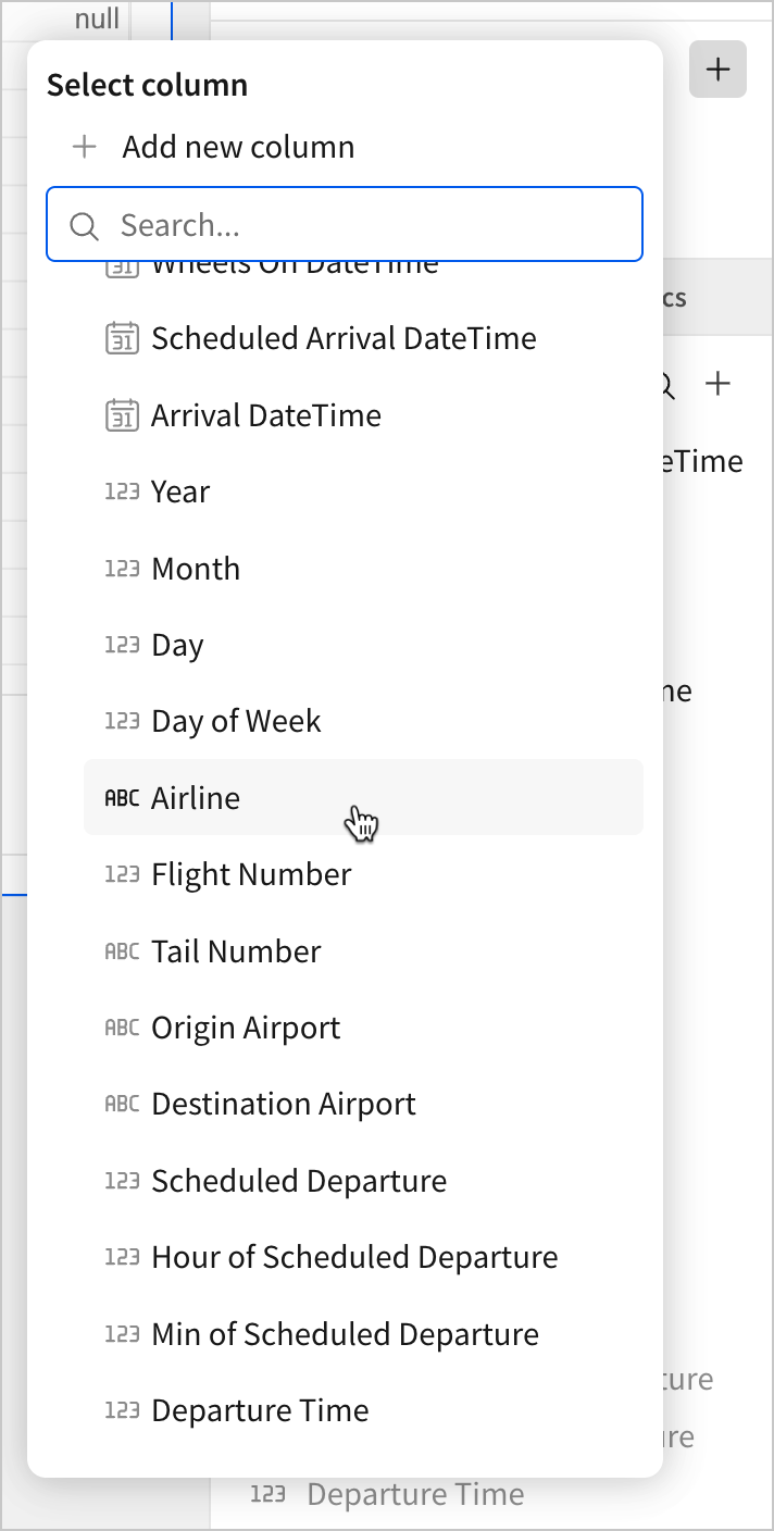 A user selects Airline from a list of columns for the grouping