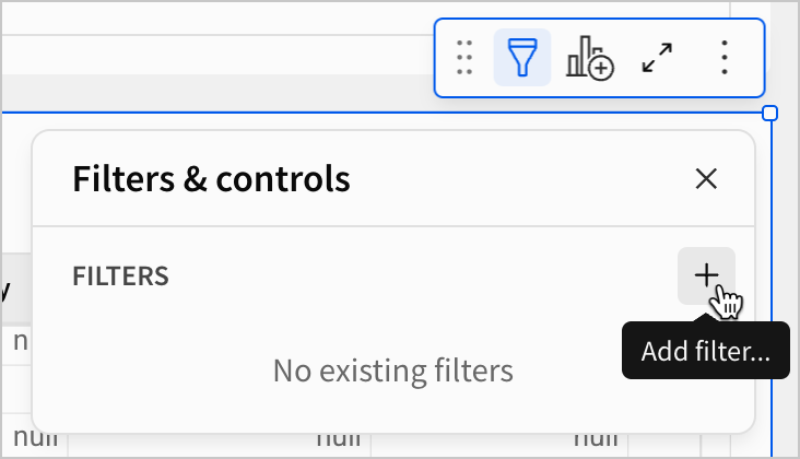 In the Filters and controls menu for the FLIGHTS - Delay Breakdown table, a user selects the Add filter option