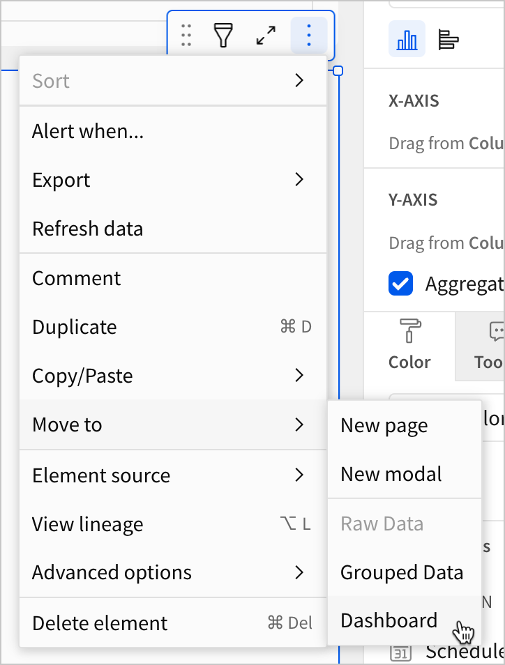In the element menu, a user selects Dashboard from the Move to options