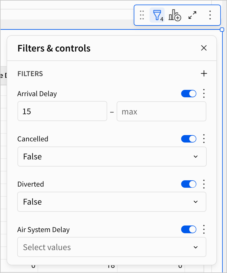 In the filters and controls menu, Arrival Delay is filtered to entries 15 or greater, Cancelled is filtered to False only, Diverted to False only, and Air System Delay is left blank