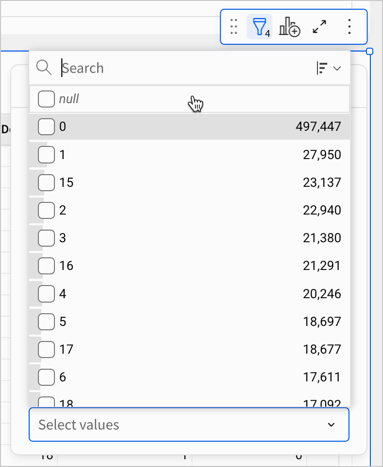 A user opens the Air System Delay list values filter. There are no null values