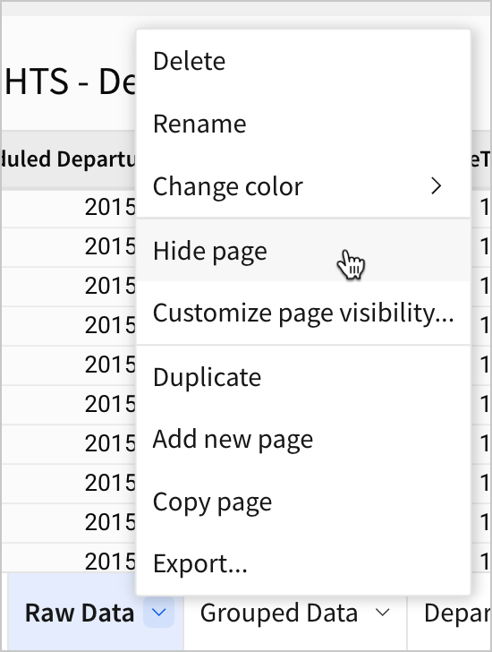 In the page menu for the Raw Data page, a user selects Hide page