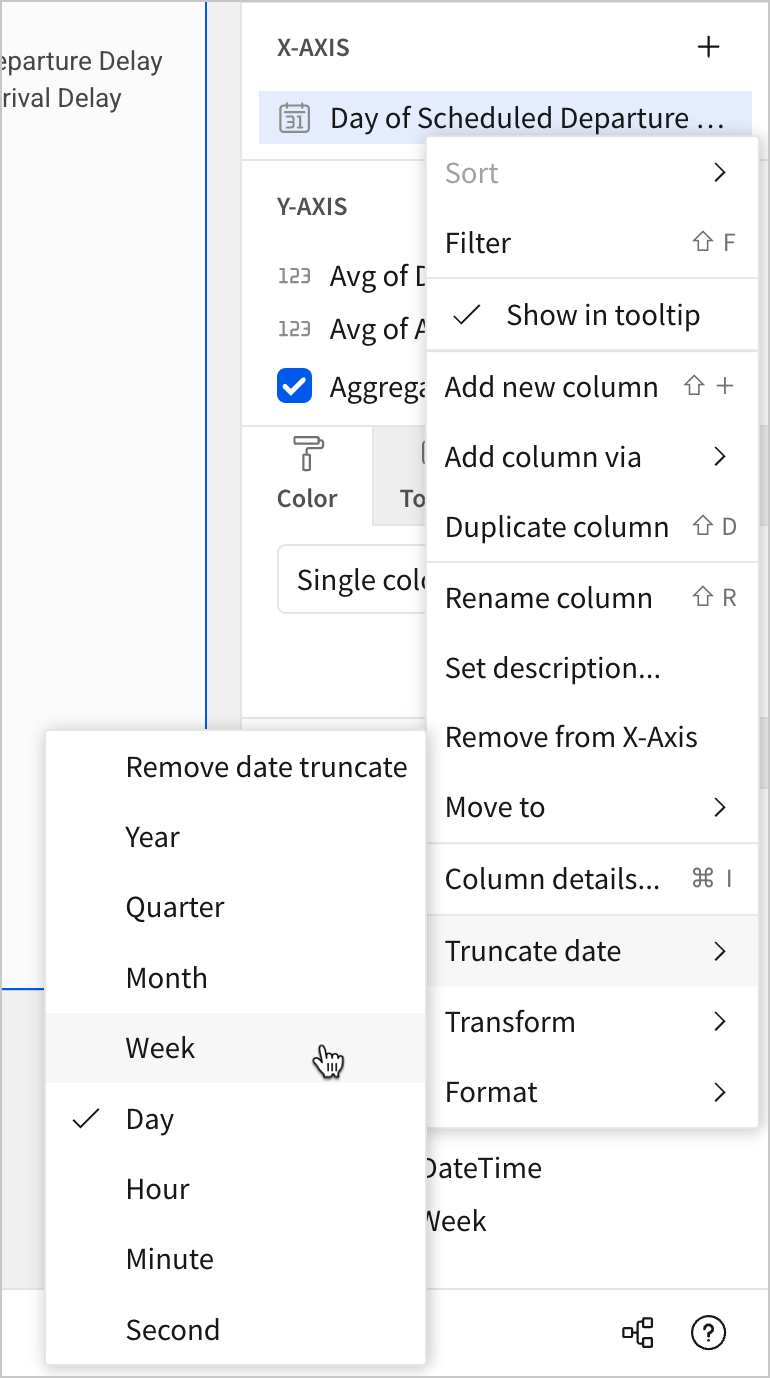 In the options for Day of Scheduled Departure Delay, a user selects Week from the Truncate date options