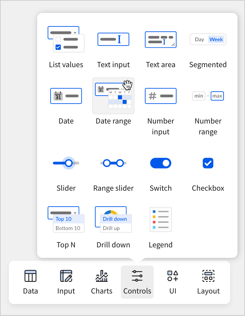 In the Add element bar, a user selects controls, and hovers over the Date range control option
