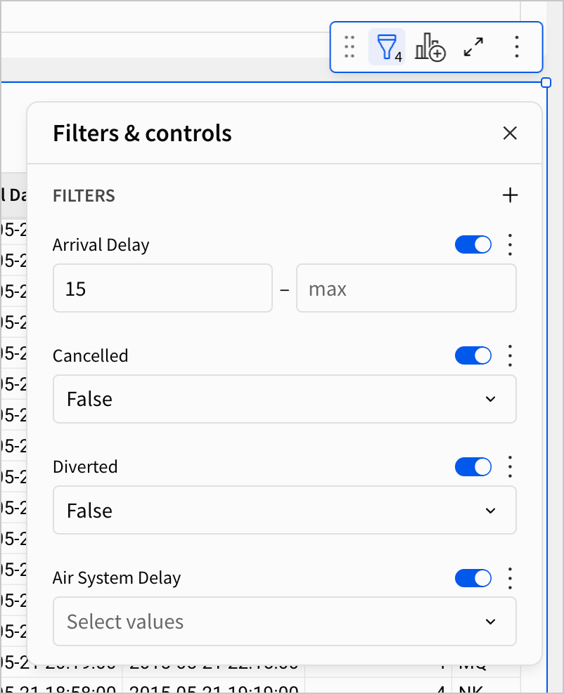 In the filters and controls menu, there are 4 filters for Arrival Delay, Cancelled, Diverted, and Air System Delay
