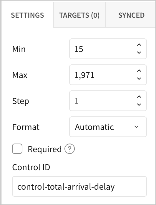 In the editor panel, the range of the Total Arrival Delay control is set from a minimum of 15 to a maximum of 1971
