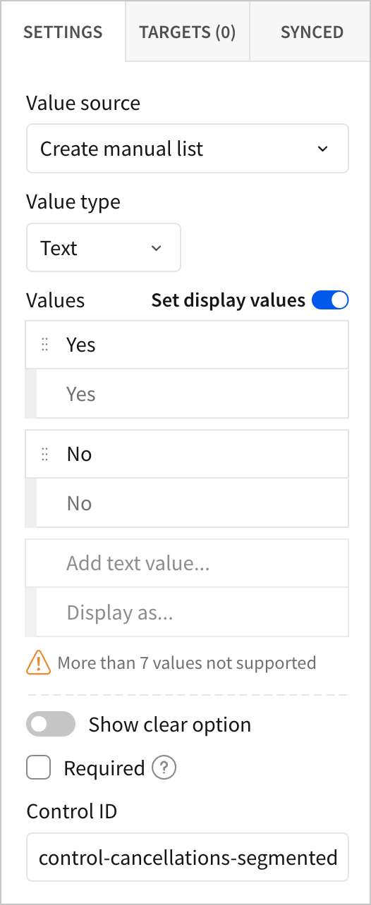 The settings menu for the segmented control shows options Yes and No, and a control ID - control-cancellations-segmented