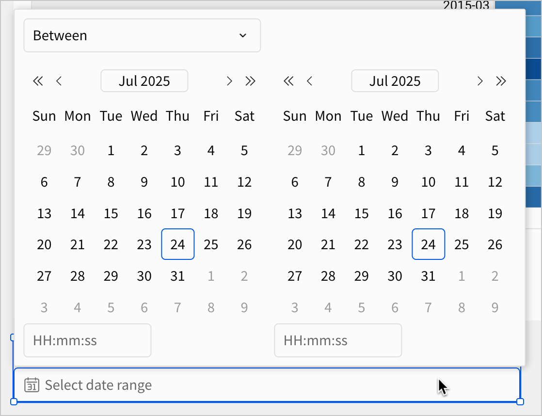 A user opens a date range control, which shows options for a date range between July 24, 2025, and July 24, 2025