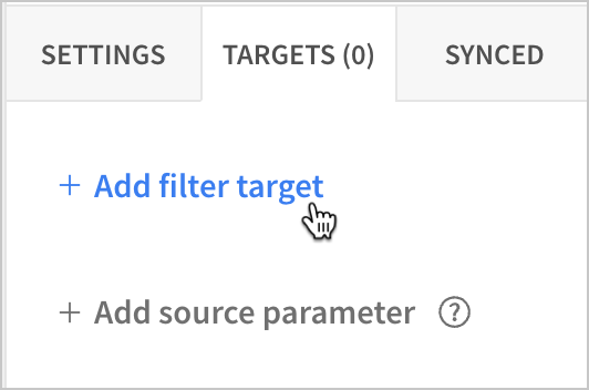 In the editor panel, under Targets, a user selects Add filter target