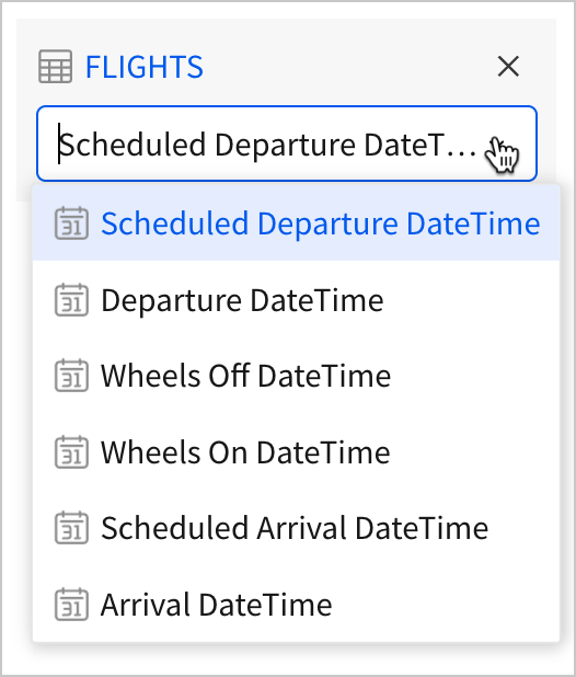 In the Target options, a user selects the FLIGHTS table from the Raw Data page, and then selects the column Scheduled Departure DateTime