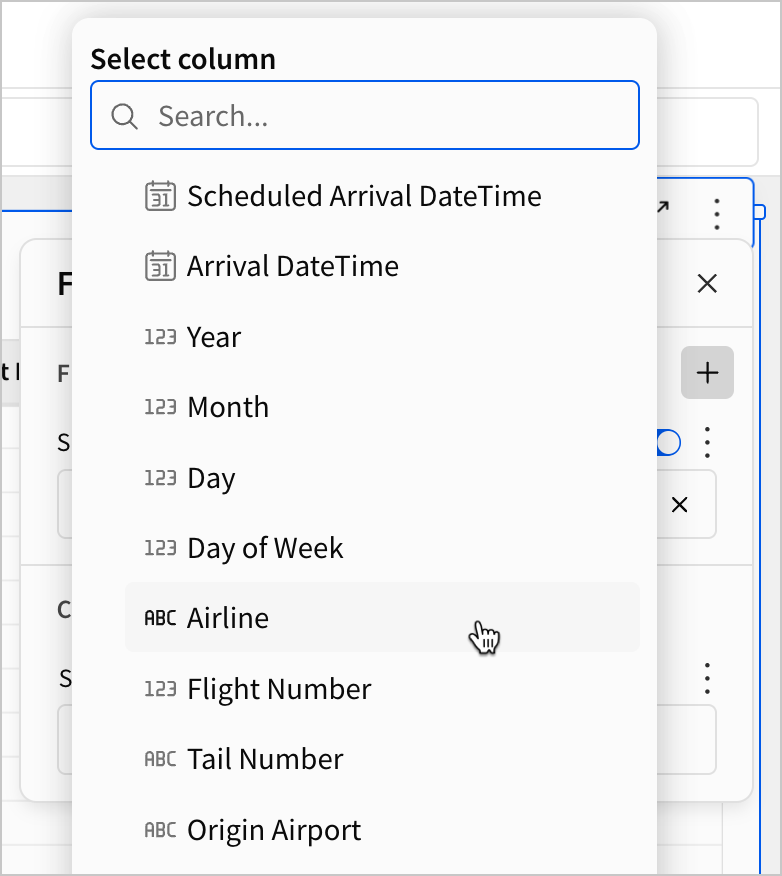In the Select column modal, a user selects the Airline column