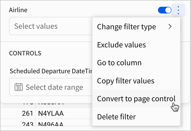In the Filters and controls menu, a user opens the options for the Airline filter, and selects Convert to page control