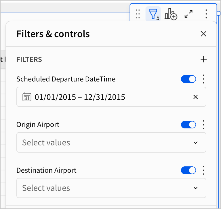 In the Filters and controls menu, new filters appear for Origin Airport and Destination Airport