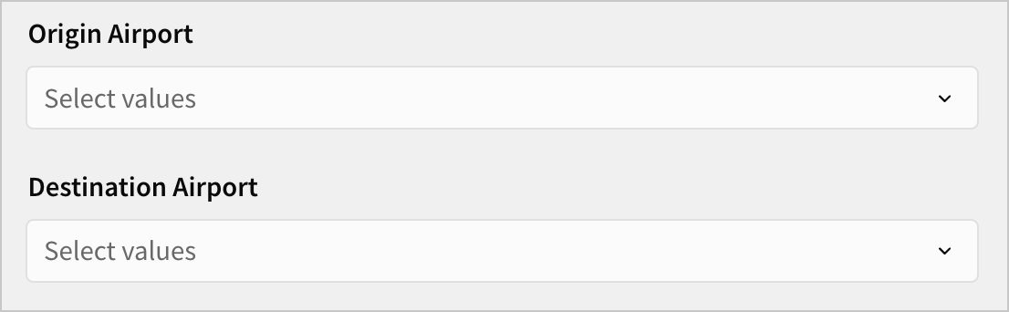 On the workbook page, two list values controls, one for Origin Airport and one for Destination Airport