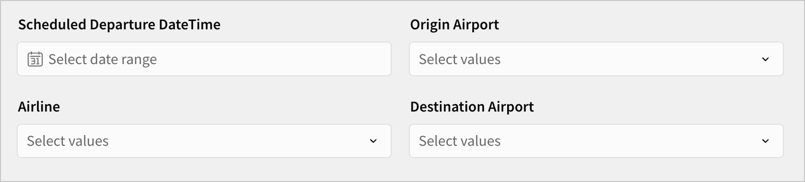 On the workbook page, 4 filter controls, for Origin Airport, Destination Airport, Scheduled Departure DateTime, and Airline
