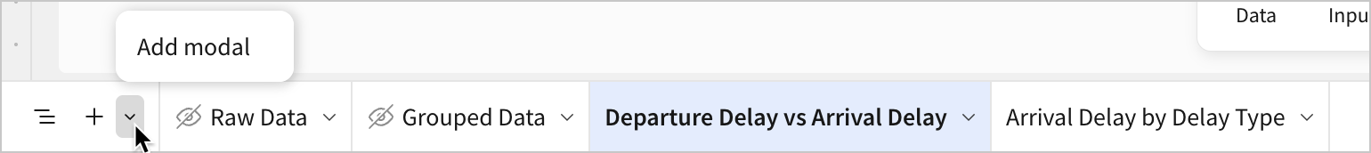 In the workbook footer, a user opens a menu from a caret, revealing the Add modal option