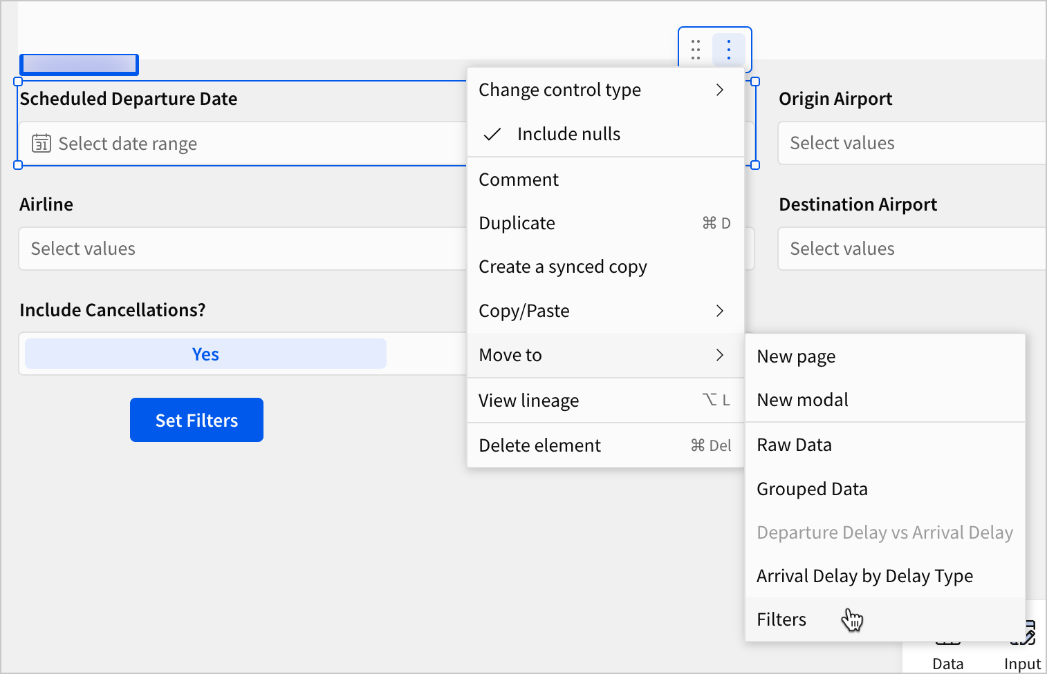 A user opens the element menu for the Scheduled Departure Date date range control and selects Filters from the Move to options