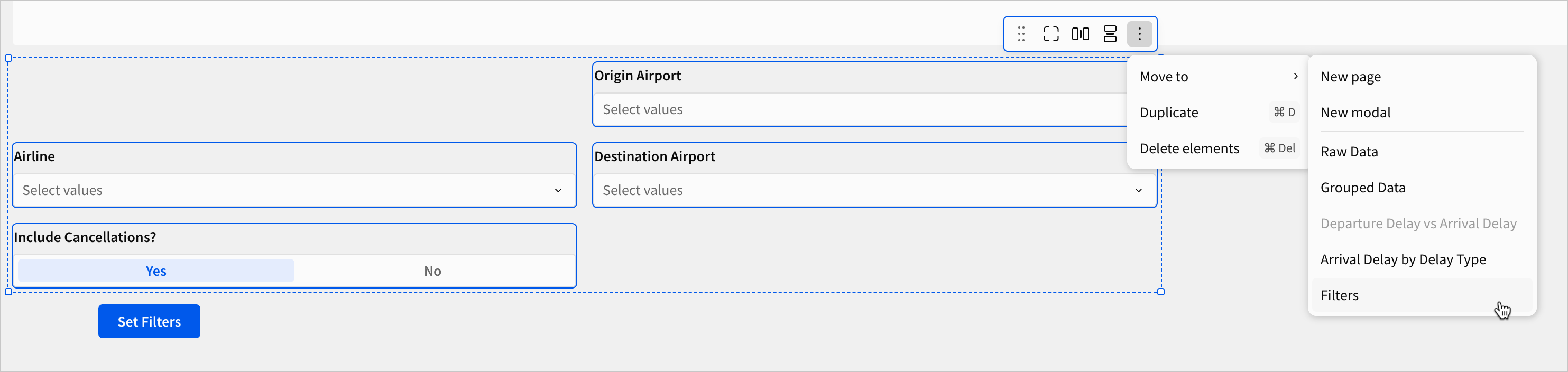 A user selects the remaining controls on the page and opens the options to move them to the Filters modal
