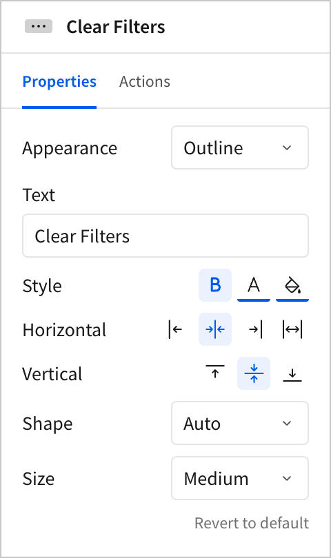In the editor panel for the duplicate button, the button Text is set to Clear Filters