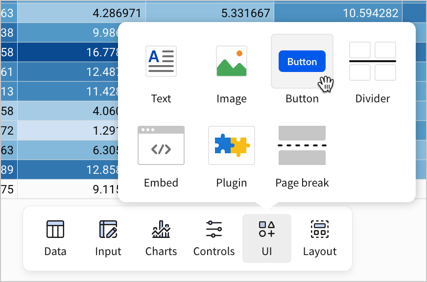 In the Add element bar, a user selects UI and hovers over the option for adding a button