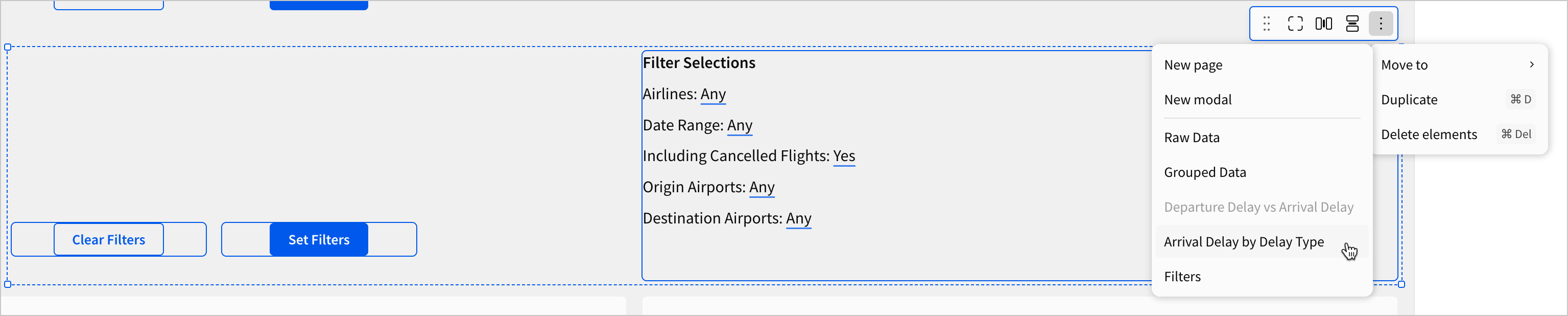 The dynamic text and button elements on the Dashboard page are selected. A user selects the Move to option, and selects the Arrival Delay by Delay Type page
