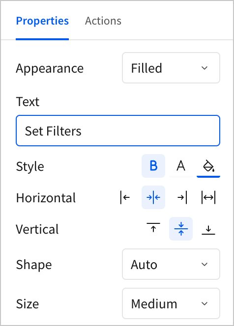 In the properties panel, a user changes the text of the button to read Set Filters