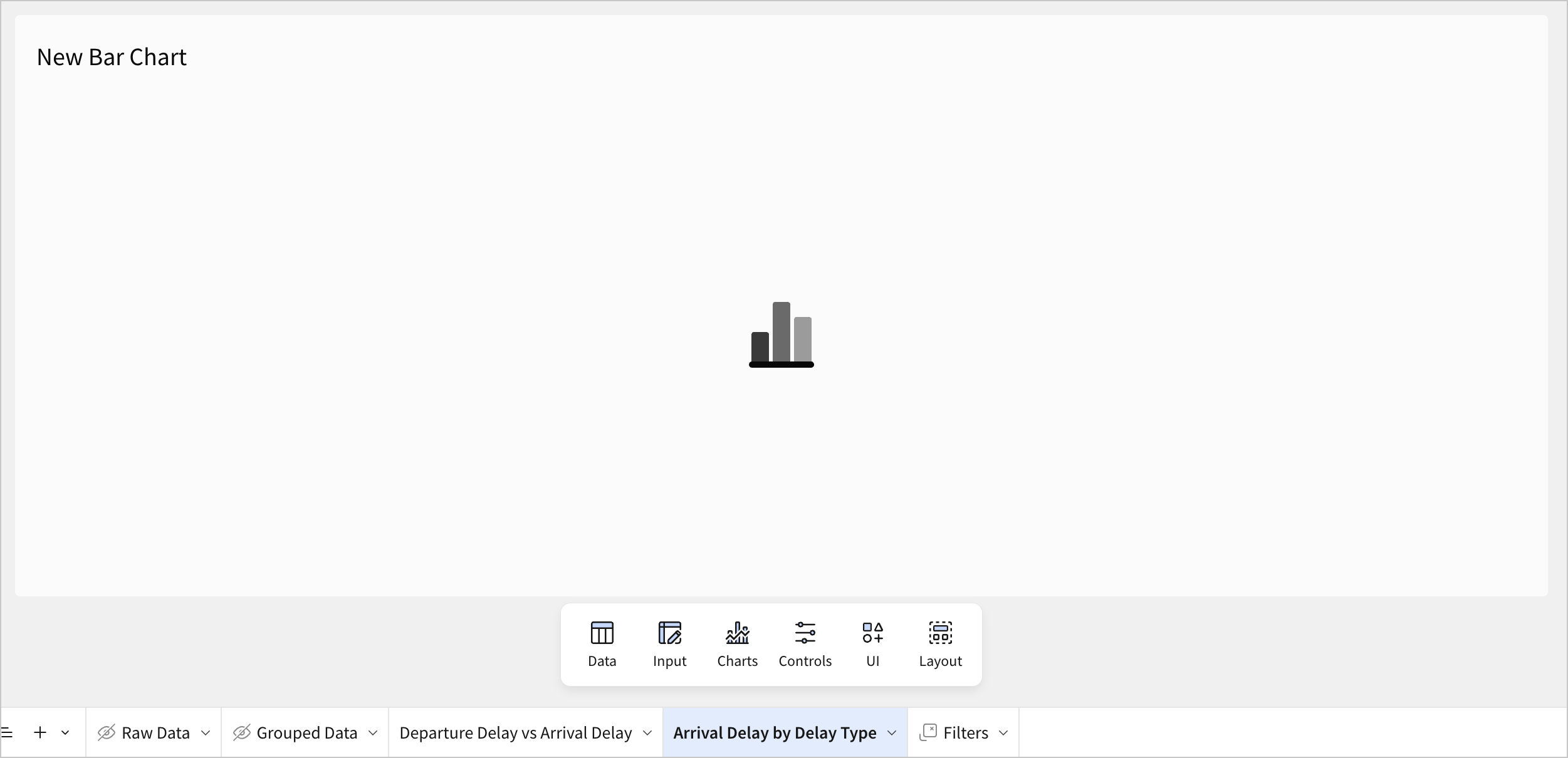 On the Arrival Delay by Delay Type page, an empty new bar chart appears
