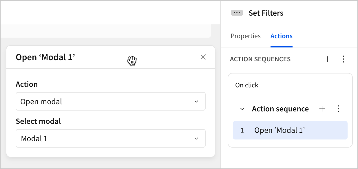 In the Actions panel, a users adds an Open Modal action to open the modal Modal 1