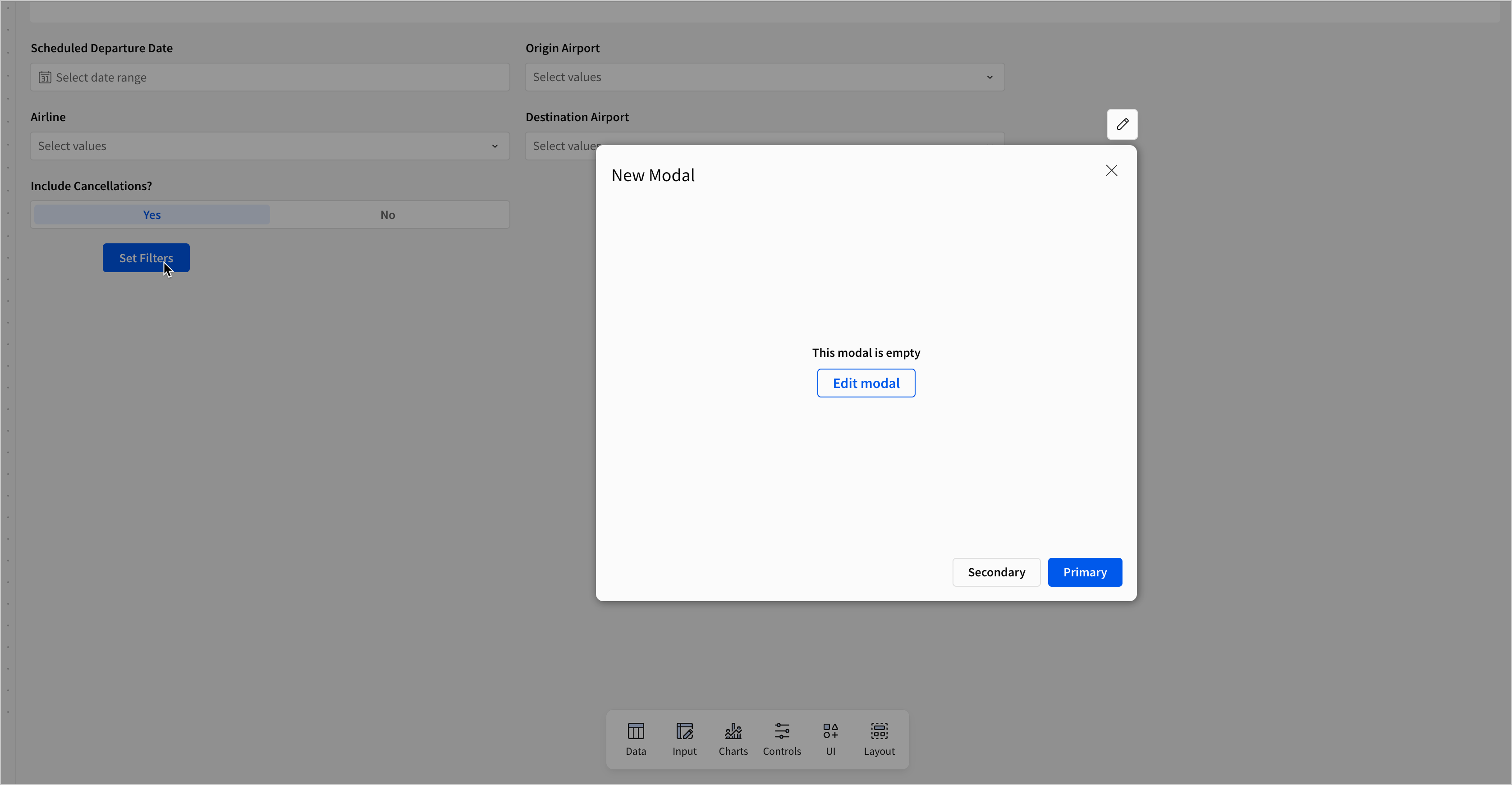 A user selects the Set Filters button, which opens the empty modal titled Modal 1. An option in the center of the modal allows users to edit the modal